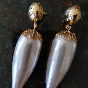 Vtg. 1980's Huge Faux Pearl Horn Filigree Dangle Pierced Earrings